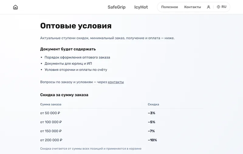 Бестбайер — страница оптовых условий: лестница скидок, минимальный заказ, оплата по счёту